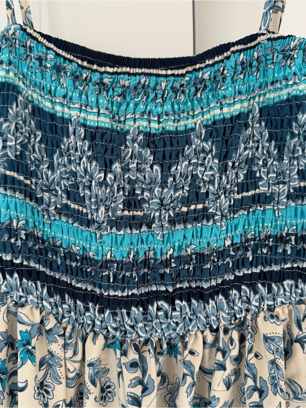Boho Smocked Maxi Dress Blue Floral Satin Spaghetti Strap Medium Cottagecore - Picture 4 of 11
